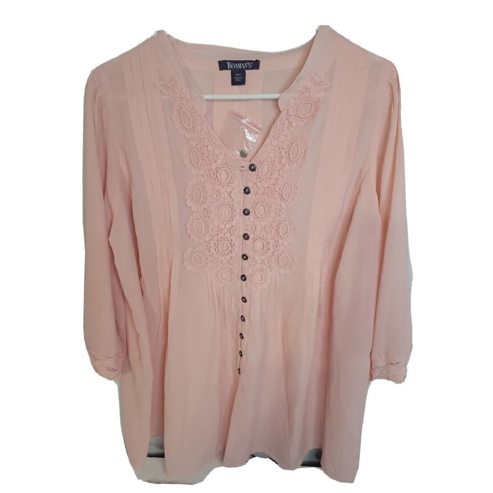 Roaman's Crochet Detail Blouse Button Down Top 3/4 Sleeve Pink 14W